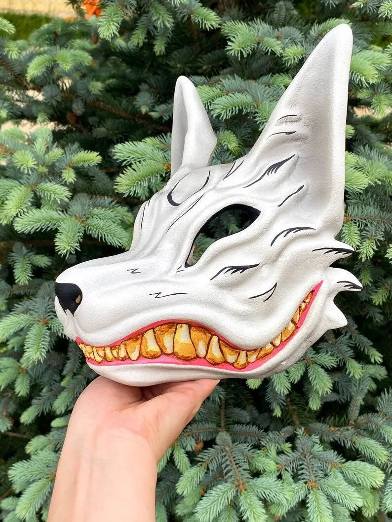 White Kitsune Fox Full Face Mask