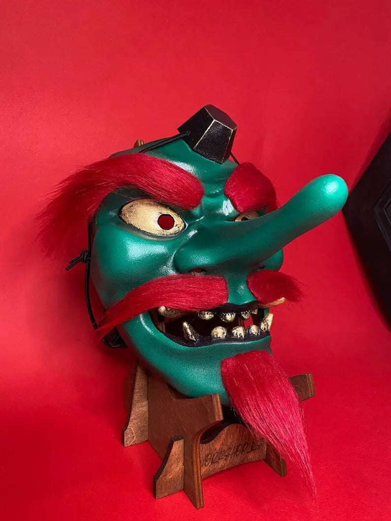 Red Hair Green Tengu Mask