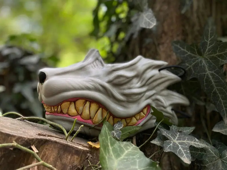 White Kitsune Fox Fangs Half Mask