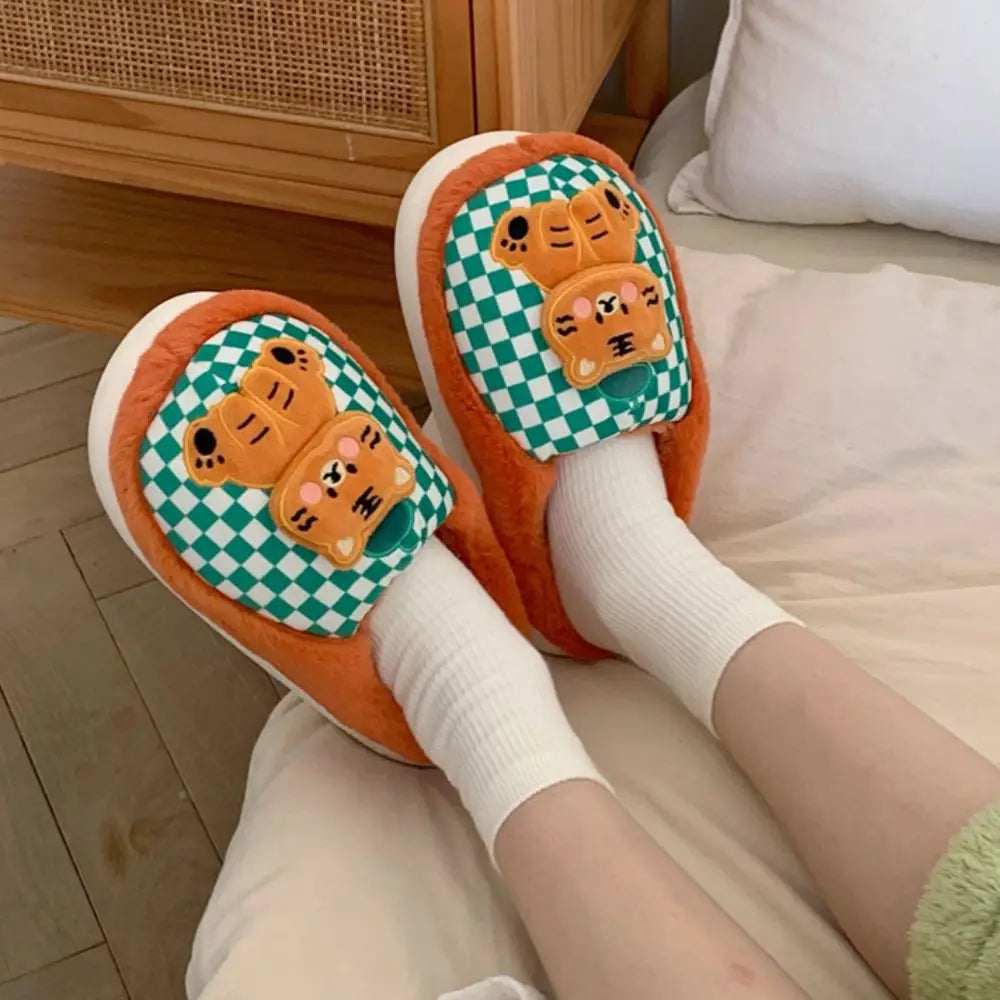 Green Checkered Cute Tiger Kawaii Slippers