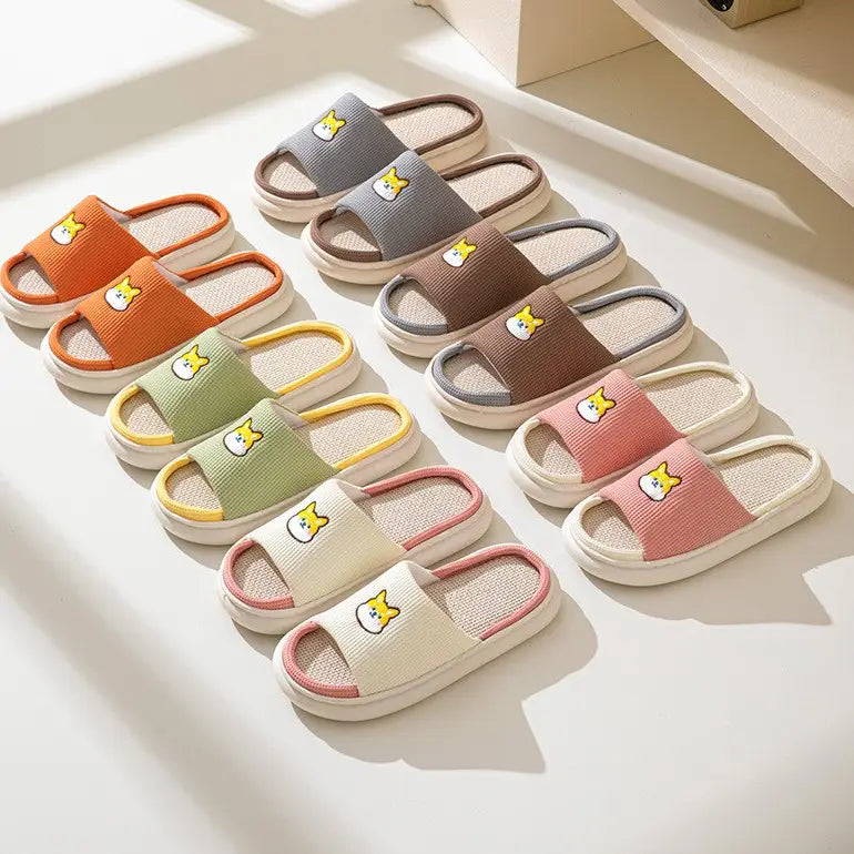 Gray Embroidered Shiba Inu Kawaii Slippers