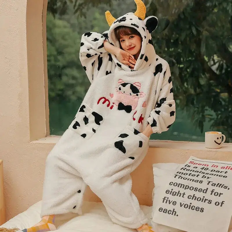 Cow Onesie Kigurumi Pajamas - Unisex Animal Sleepwear For Kids & Adults, Flannel Fleece