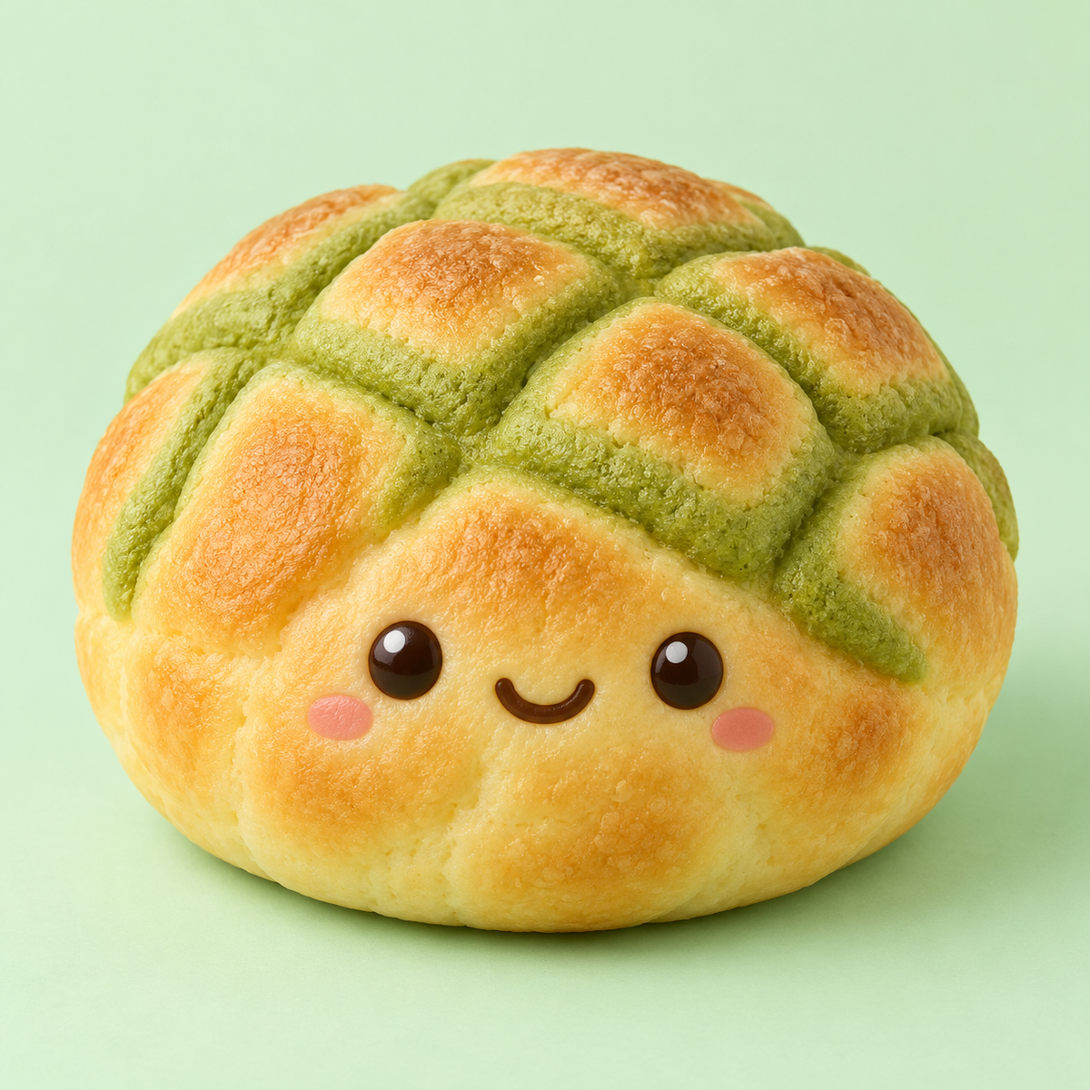 Kawaii matcha melon pan squishy toy on a pale mint background
