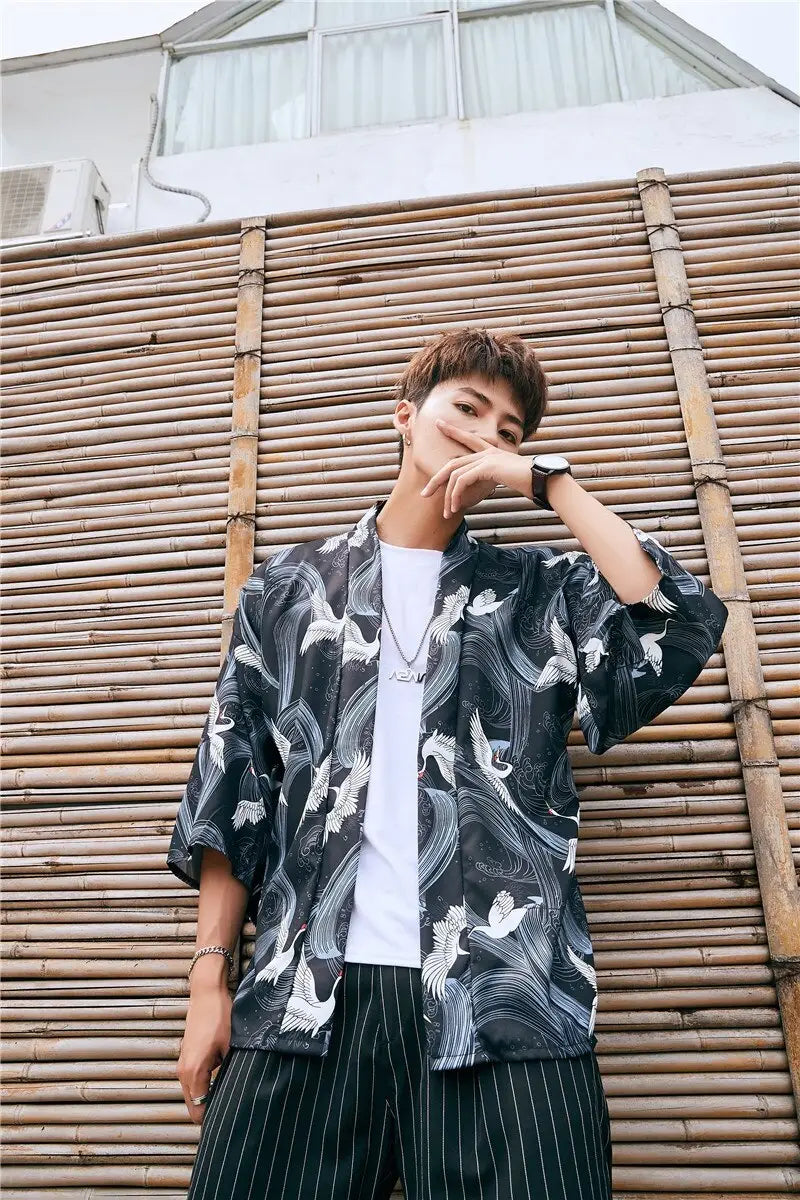 Cranes Black Men’s Kimono Jacket