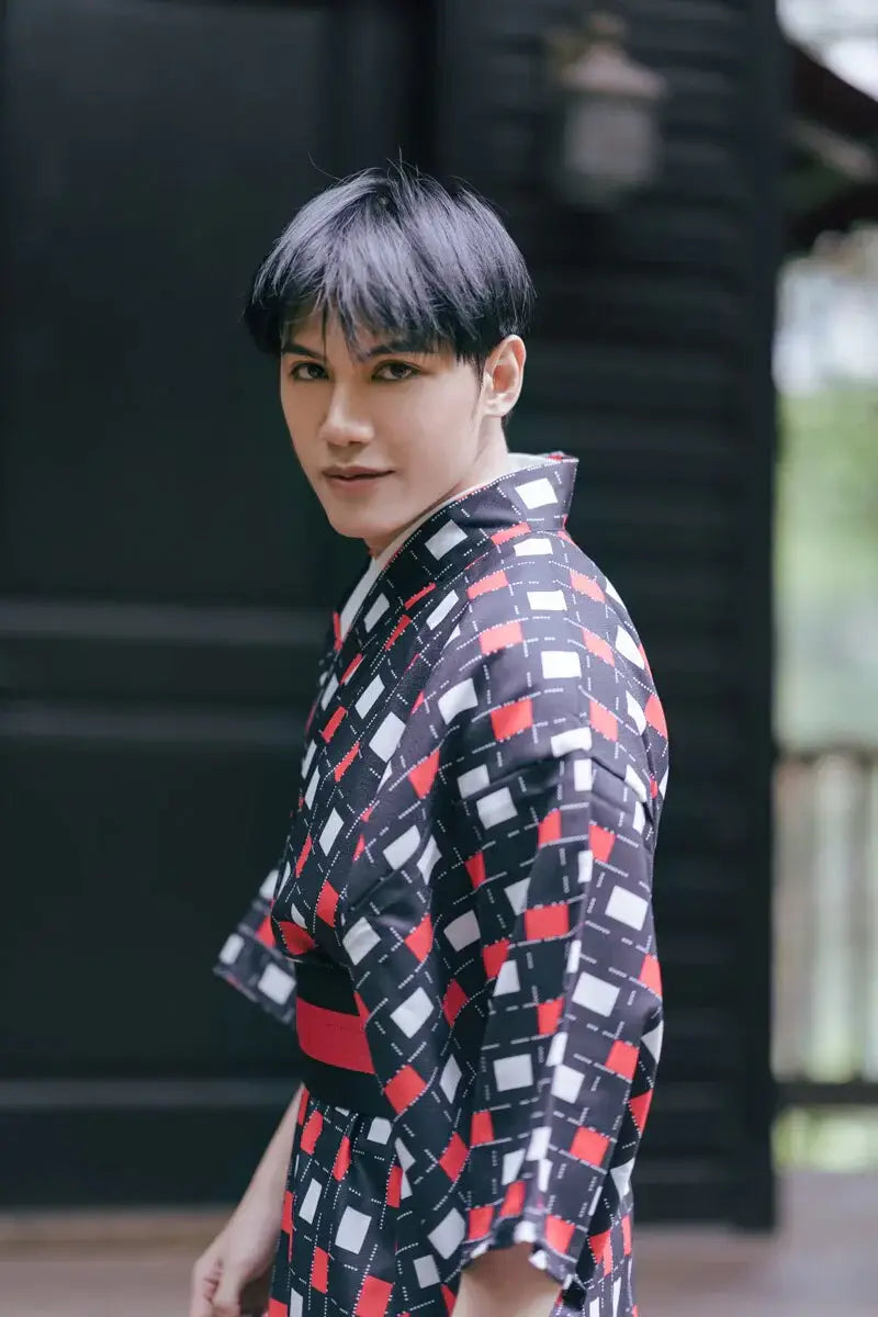 Red and White Squared Black Men Kimono