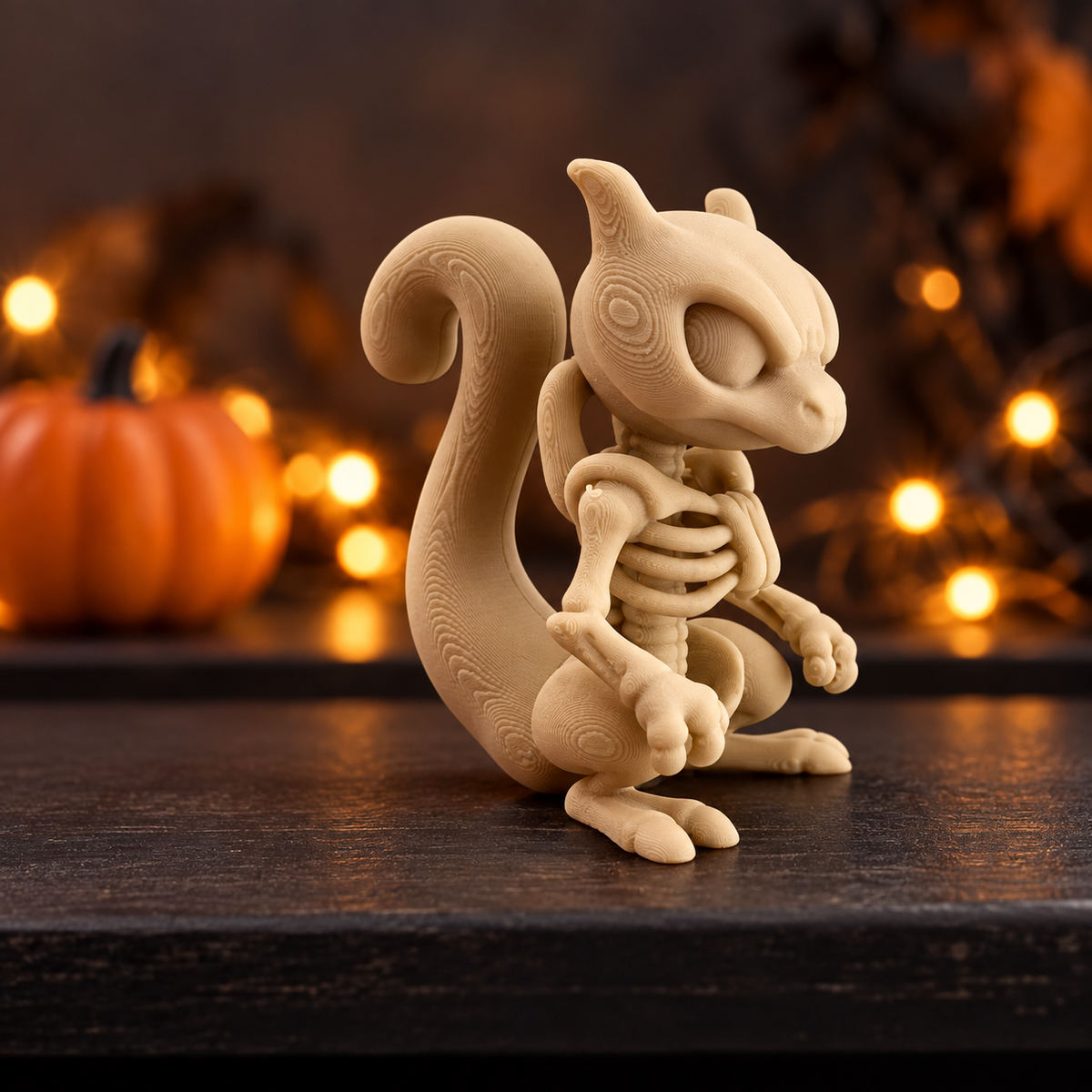 Mewtwo Skeleton Halloween Figure in beige with sculpted skeletal details displayed on a dark shelf with Halloween decorations
