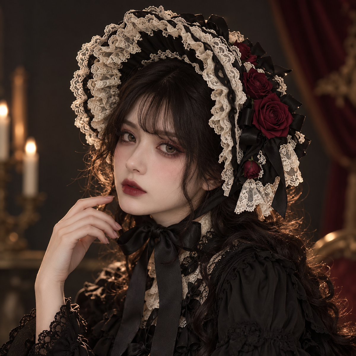 Midnight Rose Lolita bonnet styled with gothic fashion