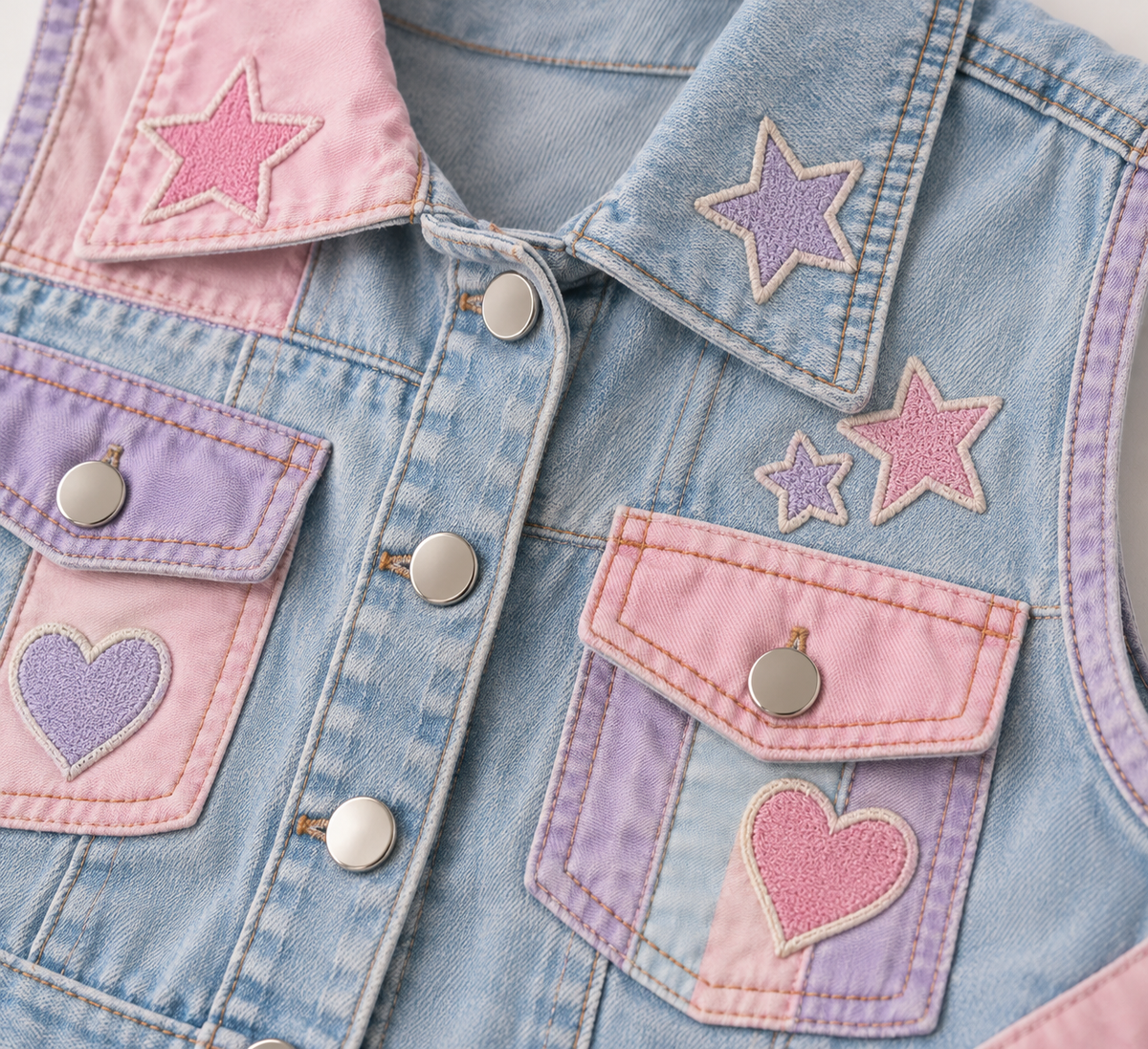Close-up of the Harajuku denim vest's pastel patches, embroidery, pockets, and buttons