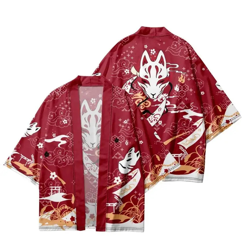 Red Kitsune Clouds Haori Pants Set