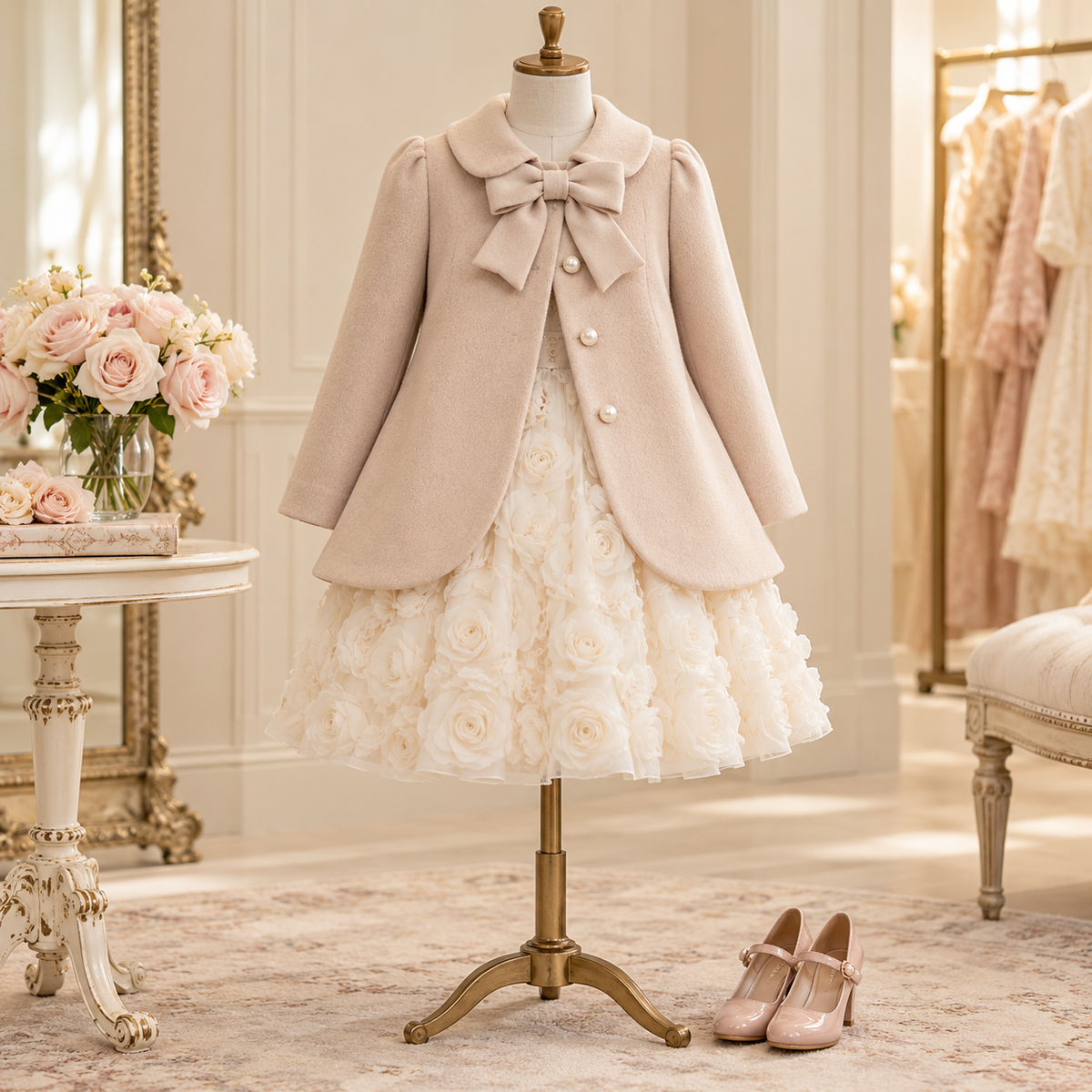 Beige bow coat styled over an ivory dress