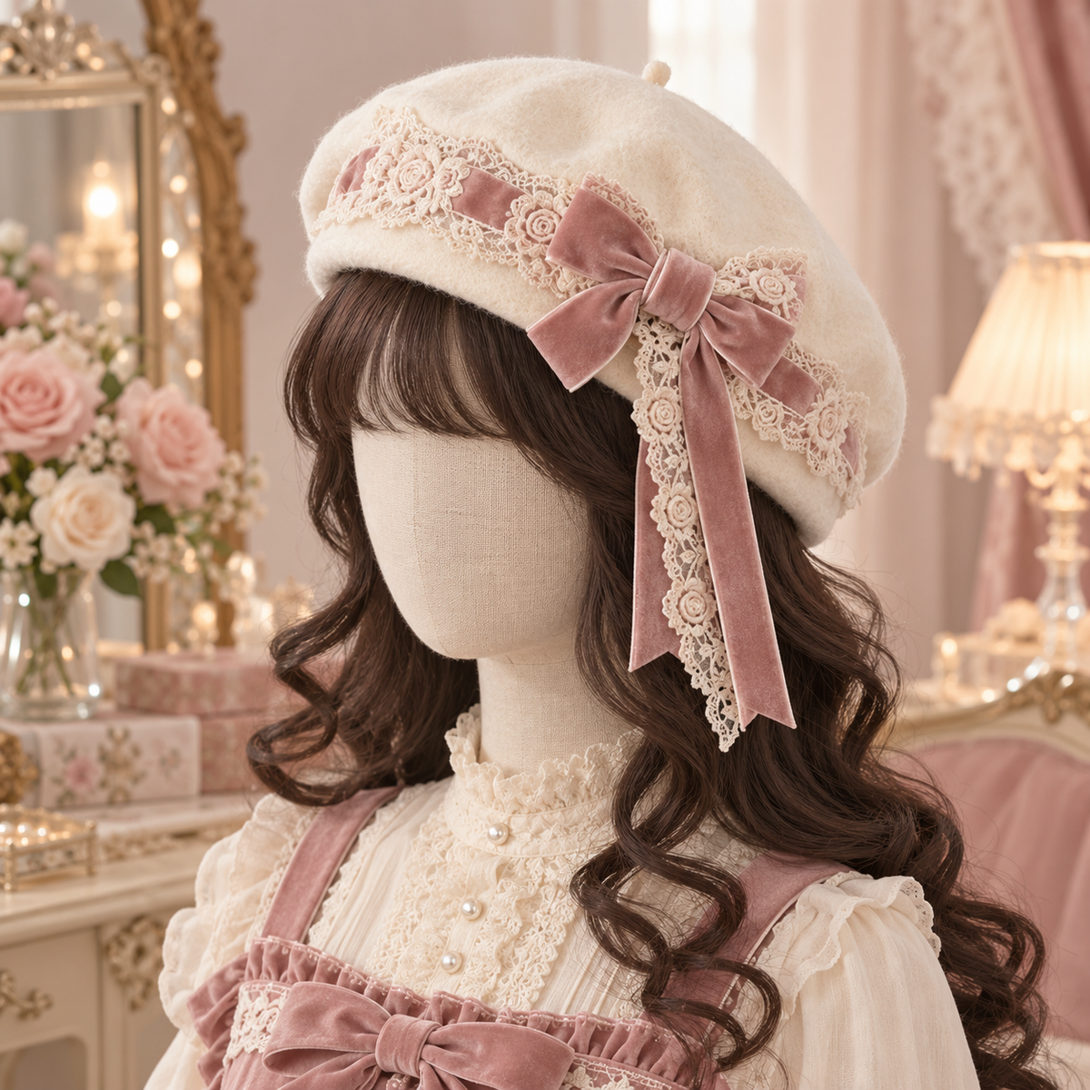 Ivory rose bow beret styled with dark curls and pastel outfit