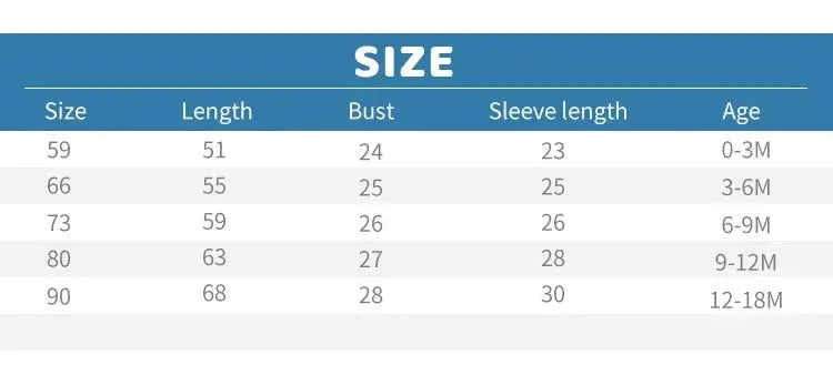 Original Shinobi onesie size chart with measurements for sizes 59, 66, 73, 80 and 90