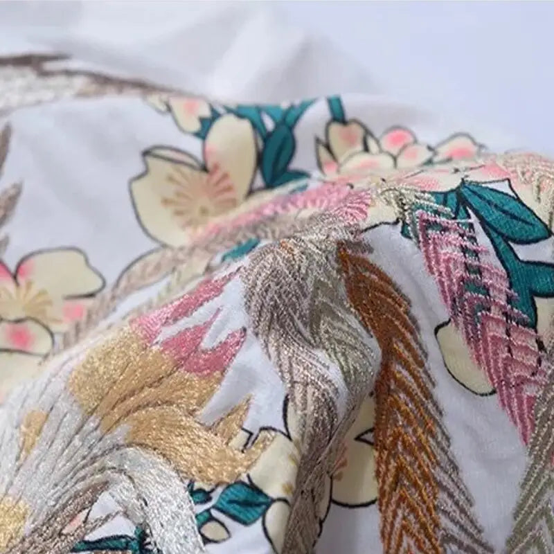 Sakura Crane Bird Embroidery T-Shirt