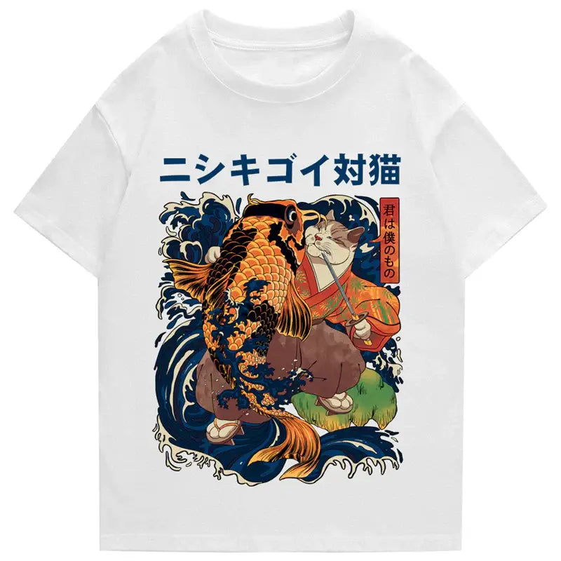 Cat & Koi Fish Battle Ukiyo-e T-Shirt