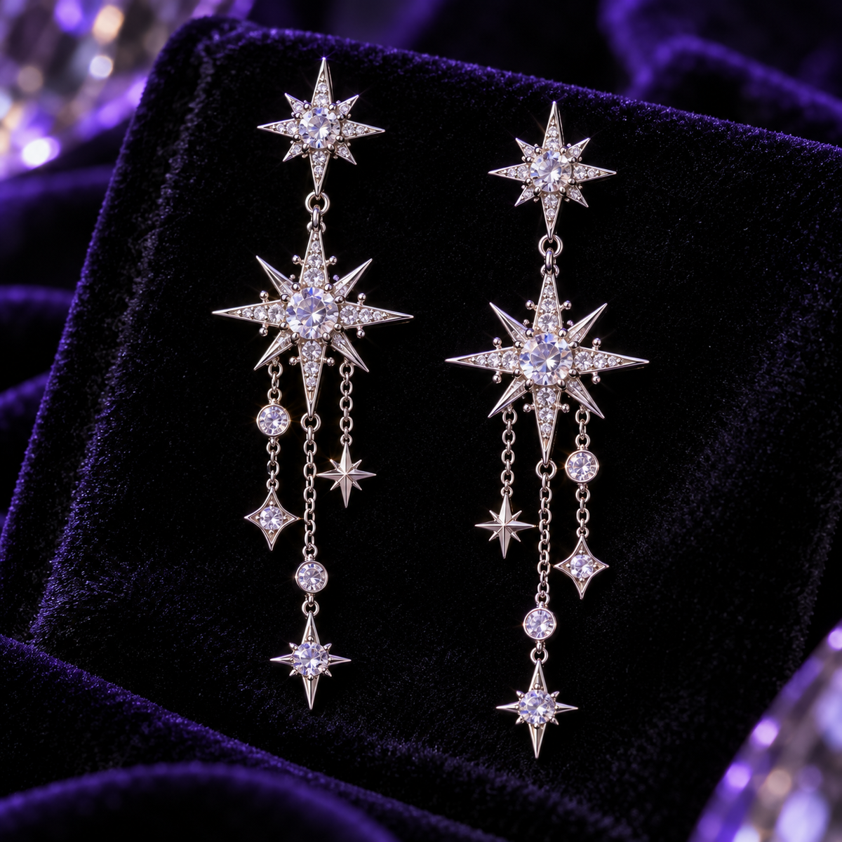 Close-up of starburst earring crystals and dangling silver charms