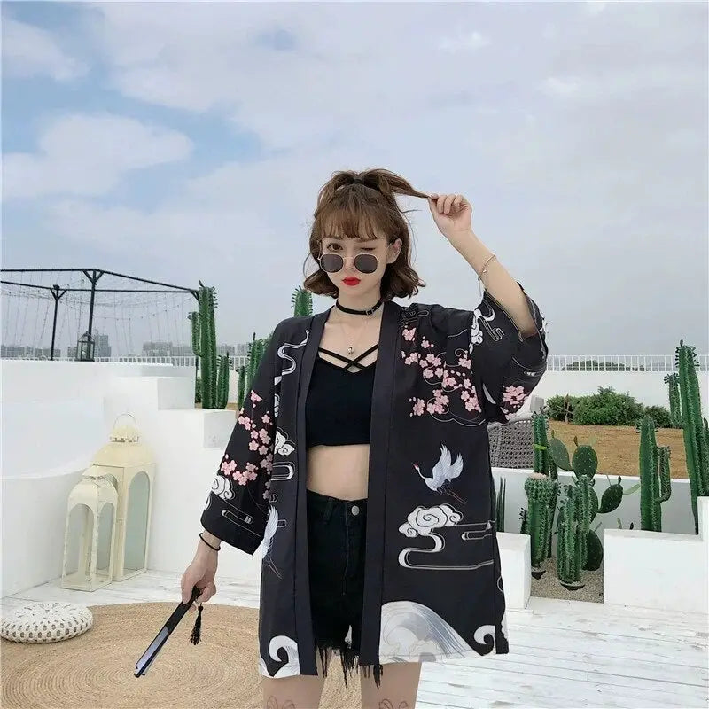 Flying Cranes Black Womenās Kimono Jacket