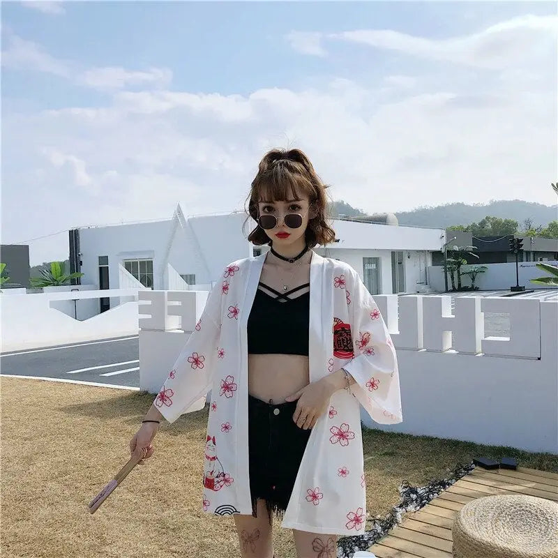 Neko Drum White Women’s Kimono Jacket