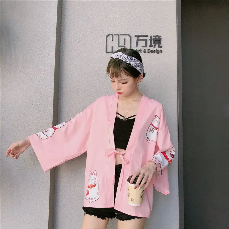 Neko Cat Pink Womenās Kimono Jacket