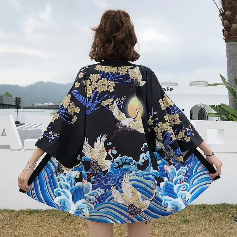 Birds Waves Black Women's Kimono Jacket JAPAN BOX Birds Waves Black Women's Kimono Jacket JAPAN BOX