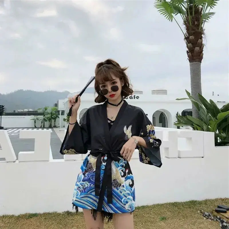 Birds Waves Black Women’s Kimono Jacket