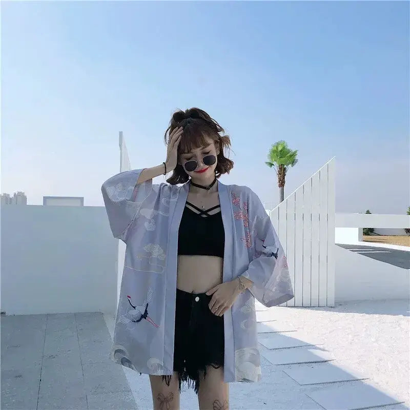 Flying Cranes Grey Womenās Kimono Jacket
