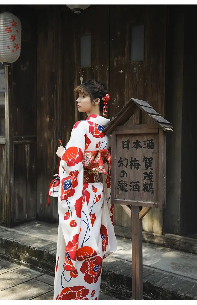 Red Florals White Women’s Kimono