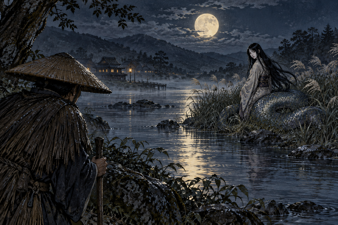 Nure-onna, a fully clothed woman-faced serpent yokai coils by a misty river at sunset
