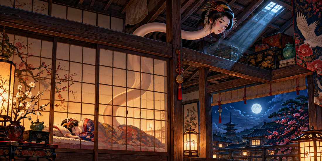 A Rokurokubi's long neck rises above a sleeping woman in an Edo-period room