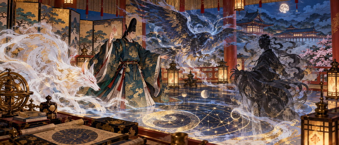 A Heian onmyōji performs a ritual as varied spirit forms gather around a talisman