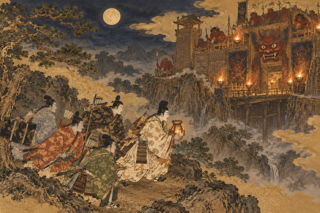 Shuten-dōji, the oni lord, sits in a mountain fortress overlooking Mount Ōe