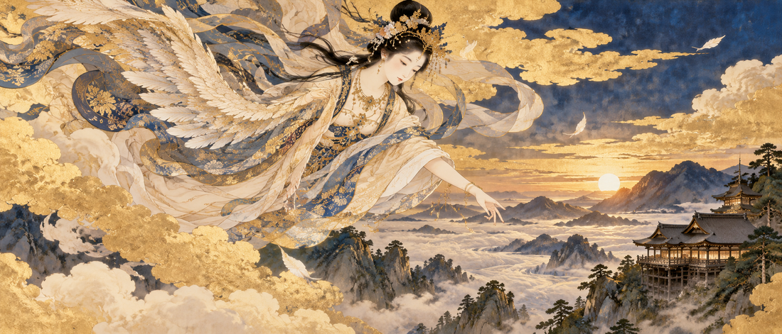 A Tennin with a flowing feathered hagoromo descends above a mountain temple through gold-lit clouds