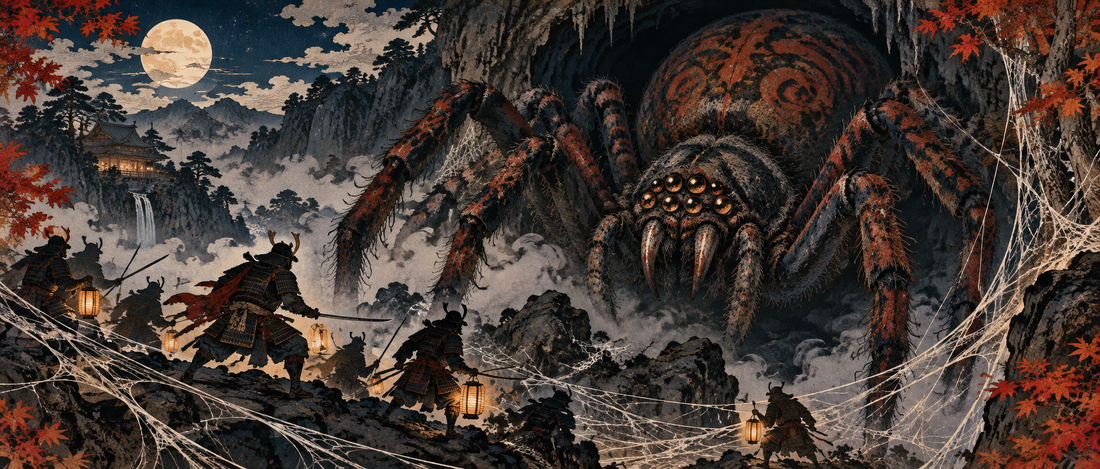 A giant Tsuchigumo spider faces samurai in a moonlit mountain forest