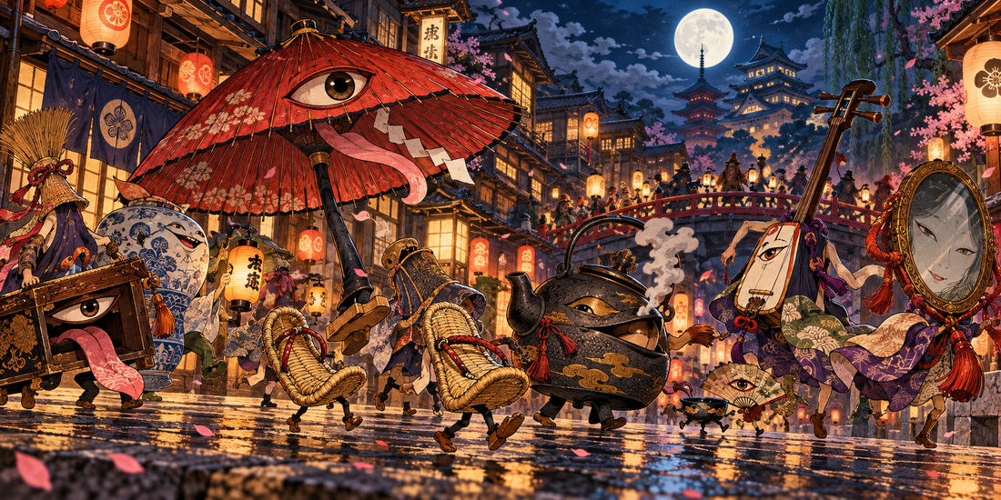 A moonlit procession of tsukumogami household objects moves through an Edo street