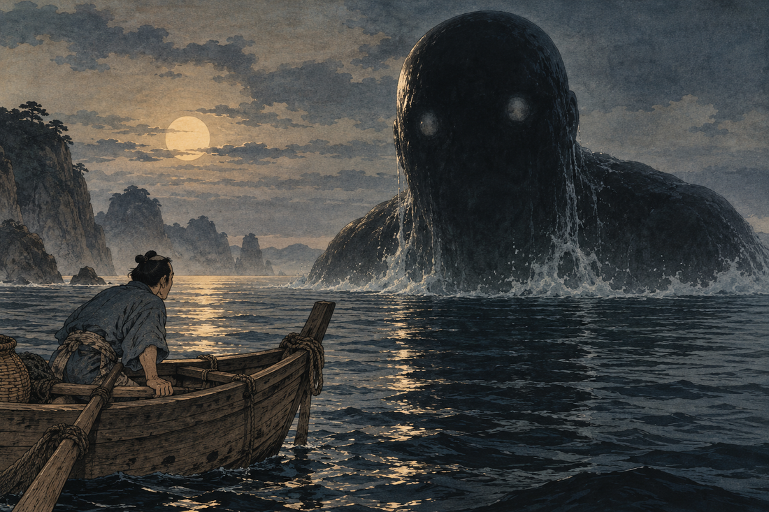 Umibōzu rises as a colossal shadow from the waves beside a tiny Edo-era sailing vessel