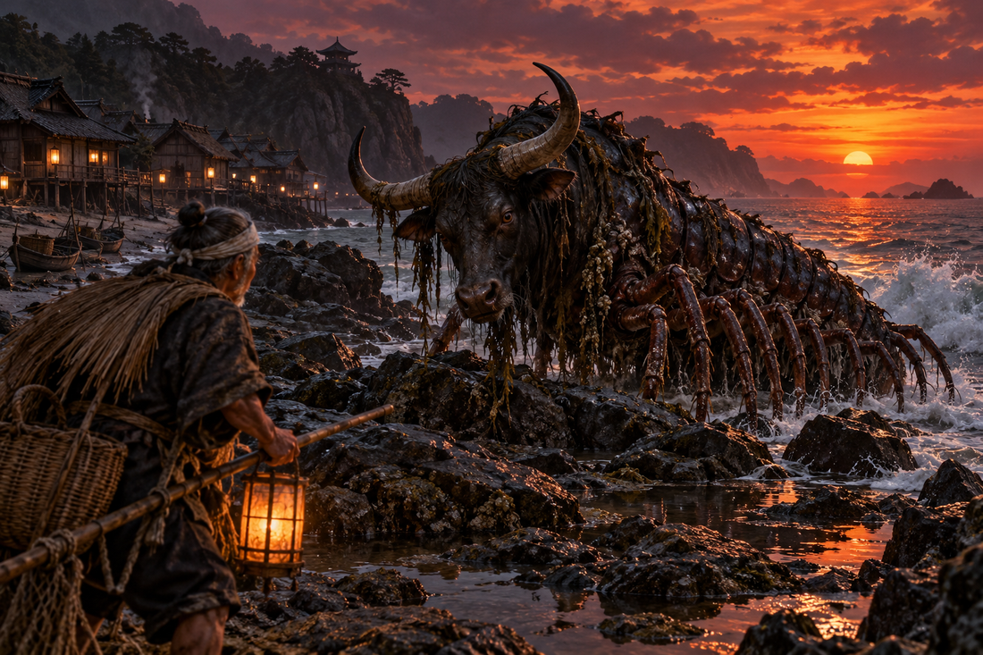 Ushi-oni, an ox-headed sea demon with a many-legged body, emerges through waves and coastal mist