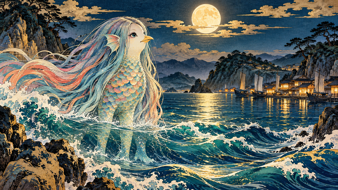 Amabie rises from moonlit waves off a Japanese coastal village