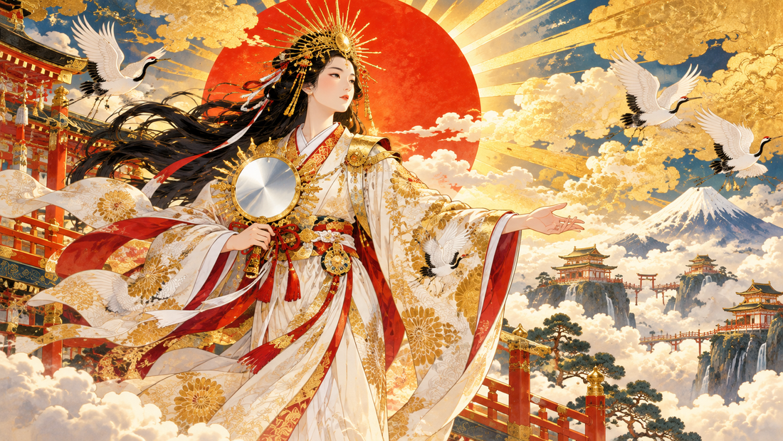 Amaterasu shines as a radiant sun kami in the celestial realm Takamagahara