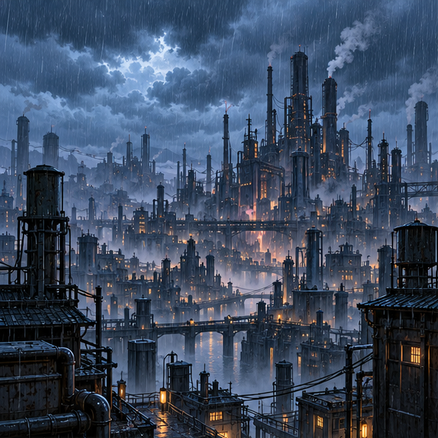 Amegakure Hidden Rain Village skyline under storm clouds