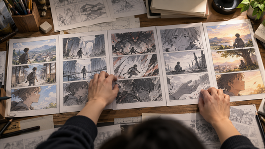 Animator arranging storyboard panels into a story sequence