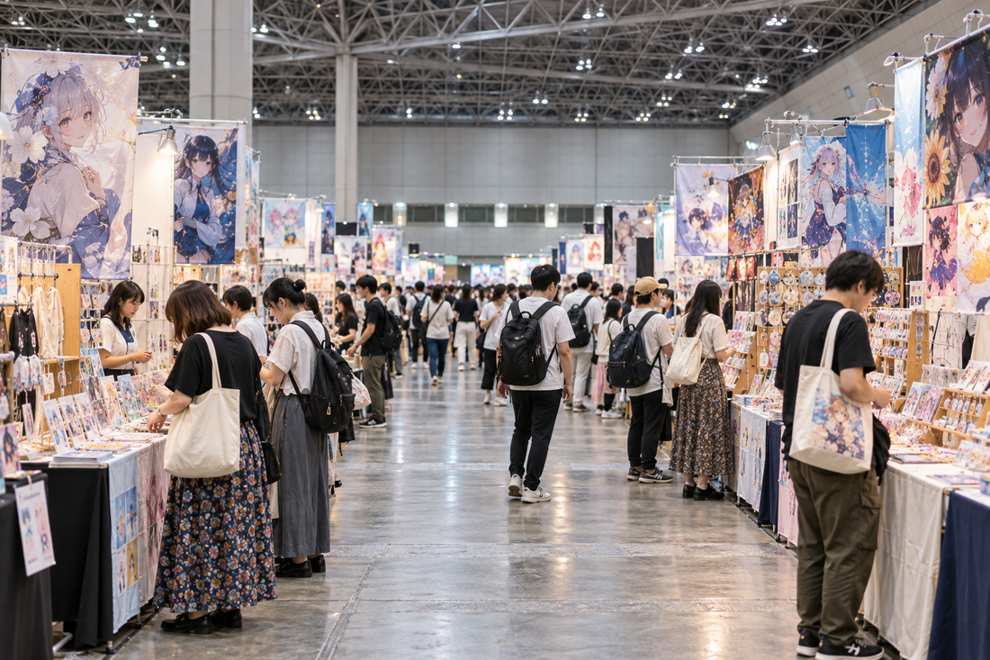 Visitors browse art and merchandise booths along an exhibition hall aisle.
