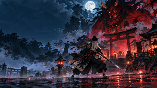 Anime exorcist faces a towering oni in a misty shrine courtyard