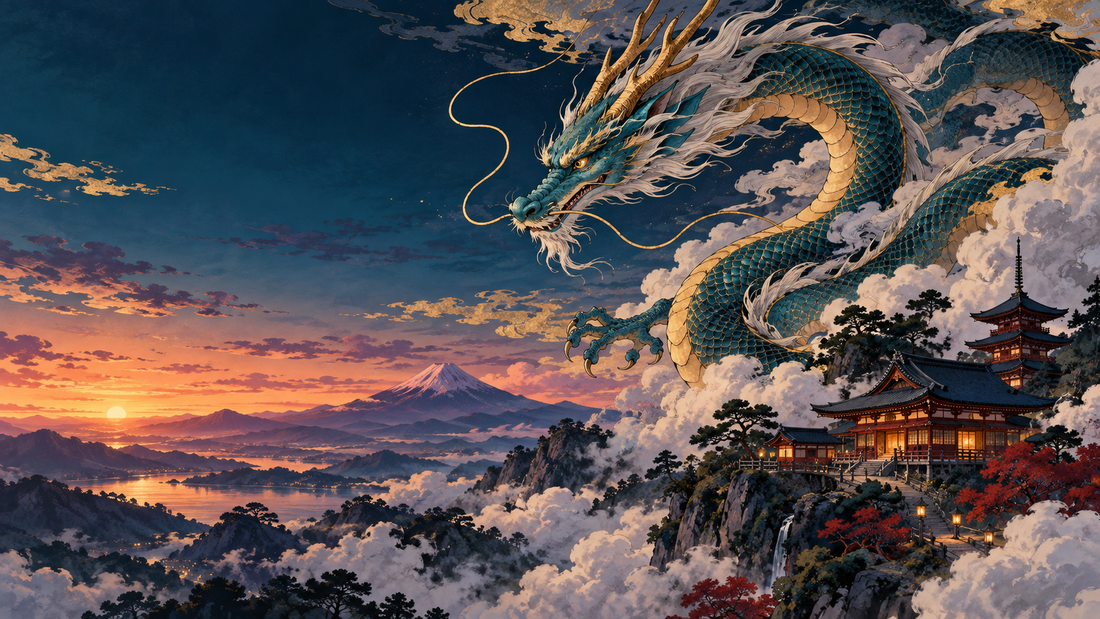 A long East Asian-style dragon coils through clouds above a Japanese mountain temple