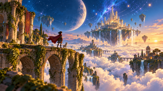 Original fantasy illustration of a floating citadel among clouds beneath a huge moon