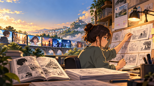 A storyboard artist organizes anime episode boards beside a manga volume and studio calendar.
