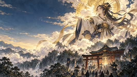 A luminous anime deity appears over a mountain shrine in golden clouds