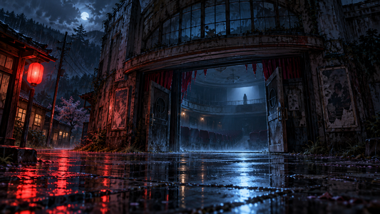 Original anime horror illustration of an abandoned Japanese cinema at midnight with a cold glow and red lantern reflection
