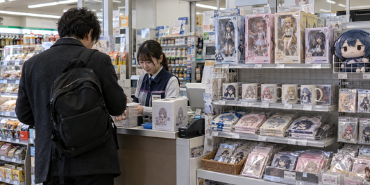 A customer at a Japanese shop counter beside shelves of character figures, mugs, and soft toys.