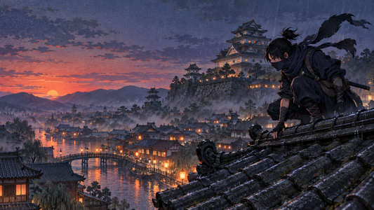 Anime shinobi crossing a tiled rooftop above a Japanese town at twilight