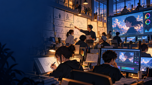 Anime production studio with artists, storyboards, and compositing screens
