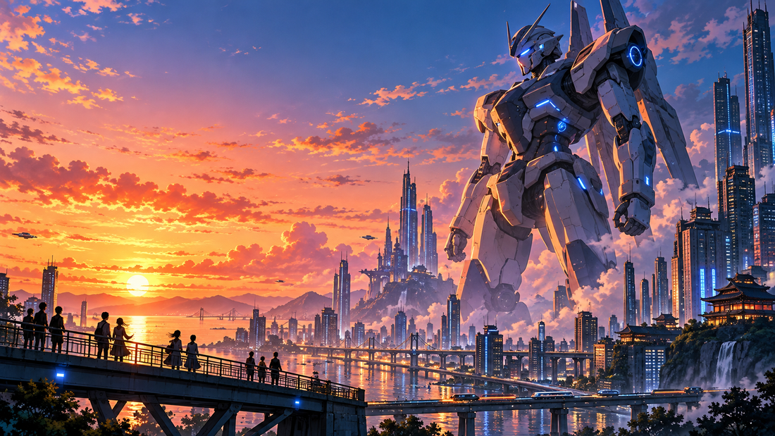 Original giant anime robot stands above a futuristic Japanese city at sunset